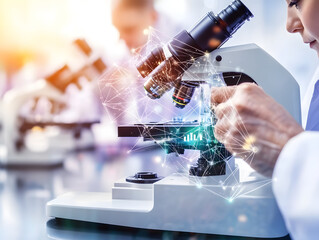 Scientist in white coat using microscope with digital data overlay, colleagues working on lab equipment in high-tech lab. Futuristic medical research concept, digital illustration of science and healt