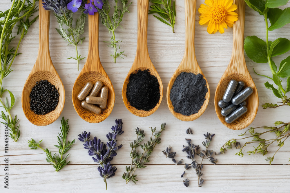 Poster collection of wooden spoons with various colored pills in them are arranged in a row. the spoons are