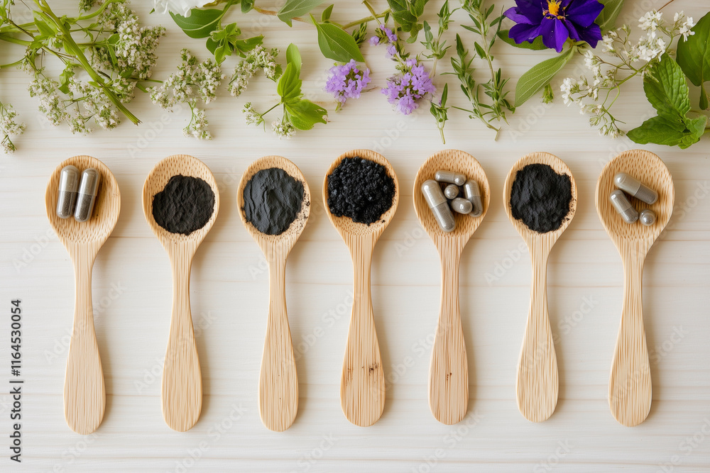 Poster collection of wooden spoons with various colored pills in them are arranged in a row. the spoons are