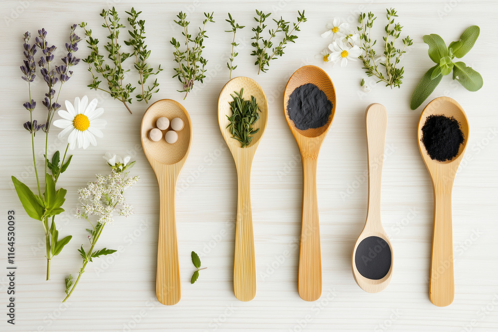 Poster row of spoons with various herbs and spices in them. the spoons are arranged in a line and the herbs