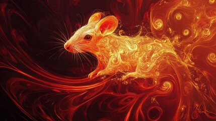 Obraz premium Radiant golden rat symbol in abstract form, with intricate swirling red and gold patterns evoking prosperity for the year.