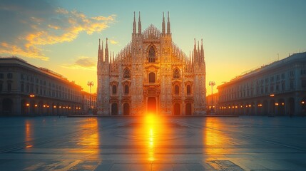 Fototapeta premium Majestic cathedral at sunrise, city square reflecting golden light.