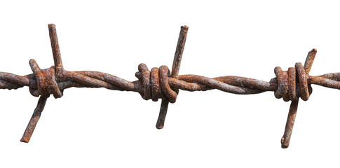 section of rusty barbed wire. showcasing its twisted structure and sharp barbs the wire appears weathered. indicating age and exposure to the elements. and is set against a plain white background. emp