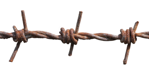 section of rusty barbed wire. showcasing its twisted structure and sharp barbs the wire appears weathered. indicating age and exposure to the elements. and is set against a plain white background. emp