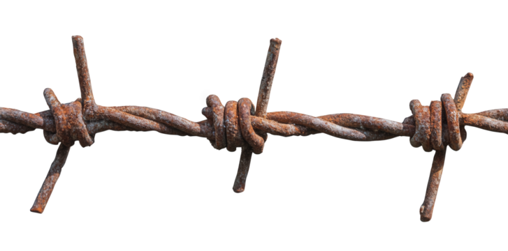 section of rusty barbed wire. showcasing its twisted structure and sharp barbs the wire appears weathered. indicating age and exposure to the elements. and is set against a plain white background. emp