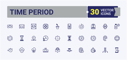 Time Period icon collection. Featuring fall, mark, timer, day, tomorrow, glass, Duration and more. Symbol. Editable vector outline and solid icons.