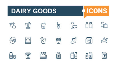 Dairy Goods linear icon collection. Featuring farm, Dairy, can, sour, ice cream, product, organic, drink. Solid line editable vector illustration.