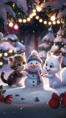 Obraz premium Festive Winter Scene with Kittens and Snowman