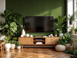 Cozy Living Room Design with Green Accent Wall, Wooden Furniture, Lush Plants, and Modern Minimalist Biophilic Decor Elements
