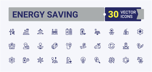 Energy Saving icon set. Contains such icons as environment, class, Energy, Efficiency, eco, net-zero, development, light and more. Outline symbol collection. Vector line and solid icons.