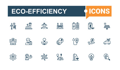 Eco-Efficiency icon set. It contains symbols to transition, leaves, eco, leaf, plant, house, light, Energy. Collection for mobile and web apps. Editable vector icon and illustration.