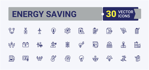 Energy Saving icon set. Contains such icons as environment, class, Energy, Efficiency, eco, net-zero, development, light and more. Outline symbol collection. Vector line and solid icons.