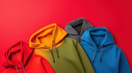 Colorful Hoodies on Bright Red Background for Fashion Collection