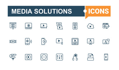 Media Solutions lined icons set. Contains related to film, technology, icon, vector, camera, Audio, Video, thin. Outline symbol collection. Editable vector outline and solid icons.