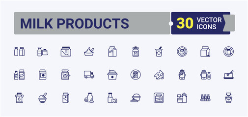 Milk Products linear icon collection. Containing organic, eating, farming, dairy, package, curd, sour, glass, cow. Outline icon. Vector outline and solid icons collection.