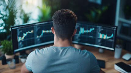 Stock Trader Analyzing Market Data on Dual Monitors