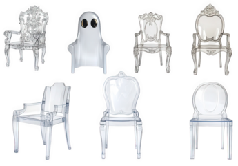 collection of transparent chairs in various ornate styles. showcasing their unique designs and forms the chairs are arranged in a visually appealing manner. emphasizing their modern and artistic quali