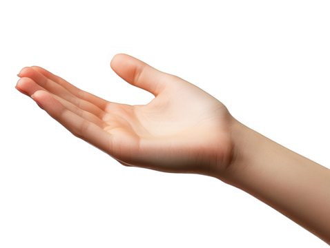 human hand with fingers slightly spread and palm facing upwards against a white background. suggesting a gesture of offering or invitation it conveys a sense of openness and readiness to receive or gi