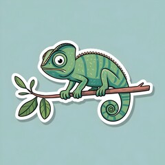 Cartoon Chameleon on Branch, Sticker Design. Generative AI
