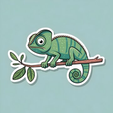 Naklejki Cartoon Chameleon on Branch, Sticker Design. Generative AI