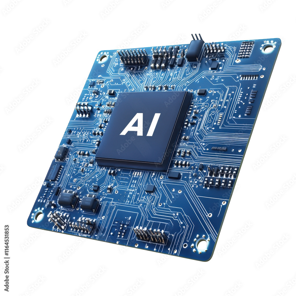 Fototapete blue circuit board with an ai chip prominently displayed in the center the intricate design includes various electronic components. suggesting its purpose is related to artificial intelligence technol