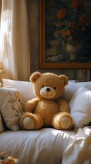 Cute bear sitting on a cozy white couch in a sunlit living room