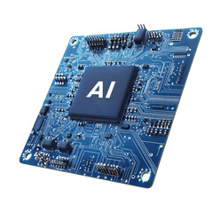 blue circuit board with an ai chip prominently displayed in the center the intricate design includes various electronic components. suggesting its purpose is related to artificial intelligence technol