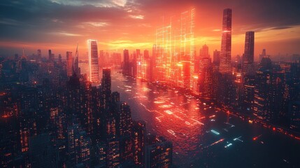 Fototapeta premium A futuristic cityscape at sunset, featuring glowing skyscrapers and reflections on water.