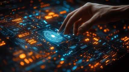Hand interacting with futuristic digital fingerprint authentication system on a circuit board.