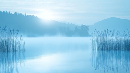 Serene misty lake sunrise, calm water reflecting hills and reeds.