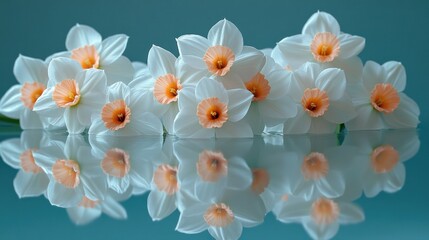 Fototapeta premium White and peach daffodils reflected in a mirror.