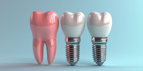 Educational model with post of dental implant between teeth and crowns