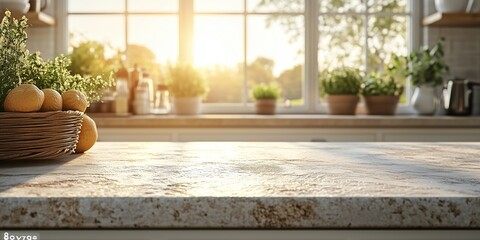 Wooden table in modern kitchen interior with summer daylight. Mockup