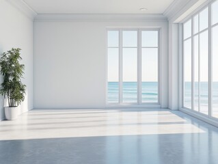 Obraz premium A large open room with a window overlooking the ocean. A potted plant sits in the corner