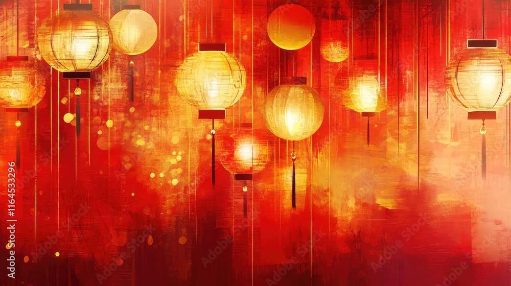 Poster red and gold abstract design with overlapping traditional lanterns and dynamic glowing highlights.