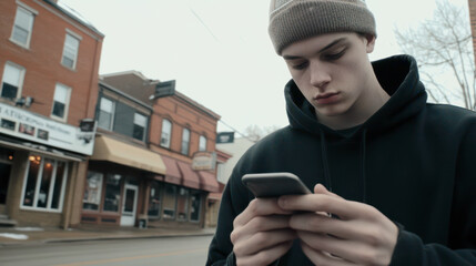 Young drug addict texting the plug on the street, eager to get his fix
