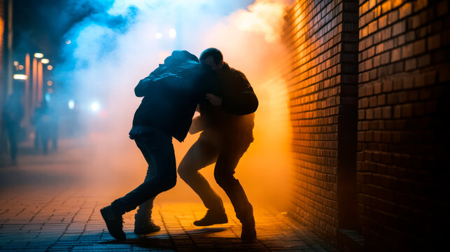Two aggressive men fighting on the street at night