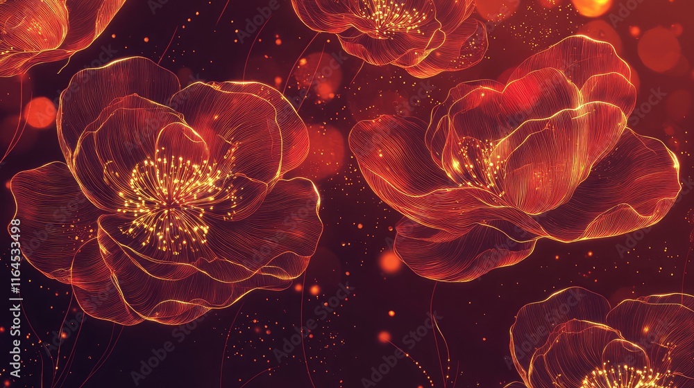 Poster red and gold abstract flowers with glowing outlines, creating a dynamic and festive design for the n