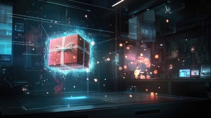 Naklejka premium A glowing gift box suspended in a futuristic, high-tech environment.