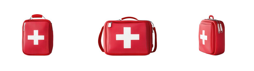 Obraz premium red first aid kit with a prominent white cross on its surface. displayed from three different angles the kit is designed for medical emergencies. emphasizing its purpose as a portable storage solution