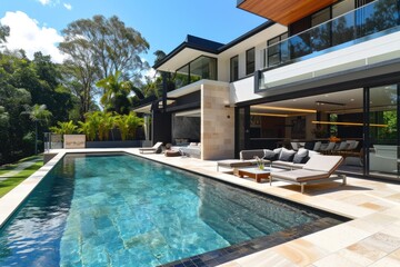 Fototapeta premium Modern Luxury: Beautiful Poolside Backyard of Contemporary Australian Mansion