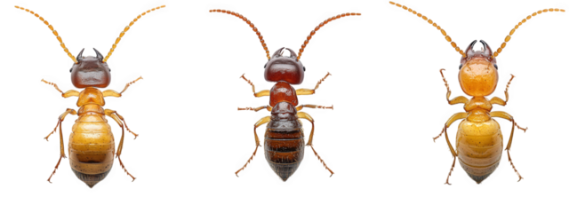 three close-up views of different ants. showcasing their distinct colors and physical characteristics the focus is on the intricate details of their bodies. highlighting variations in size. shape. and