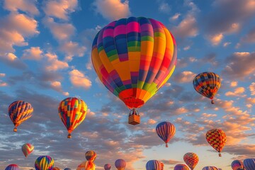 Obraz premium Hot air balloons float above a vibrant sky during an early morning festival in autumn