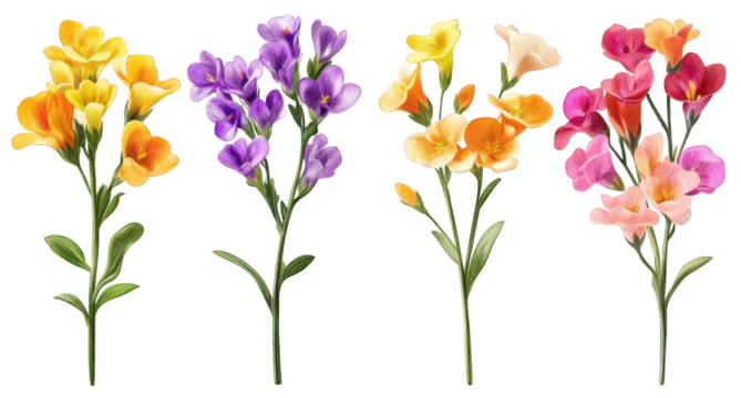 a collection of artificial flowers in various colors. including yellow. purple. orange. and pink each flower stem features multiple blossoms. arranged aesthetically to highlight their vibrant hues. su - Powered by Adobe