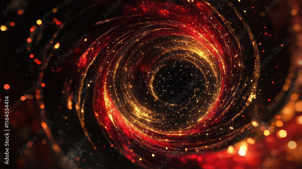 Poster red and gold swirling abstract graphics with glowing sparkles, capturing the festive essence of the 