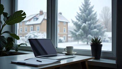 Fototapeta premium laptop with coffee cup on desk in winter