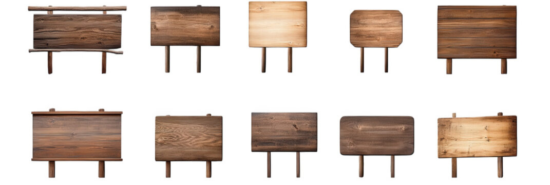 a variety of wooden signs arranged in a grid format. each with different shapes and finishes these signs can serve as blank canvases for messages. advertisements. or directional information. highlight