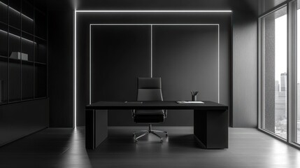 Modern minimalist black office interior with desk, chair, and city view.
