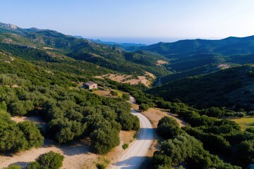 This captivating image showcases a winding road meandering through the rolling hills of idyllic farmland, inviting exploration and adventure in nature&rsquo;s palette.