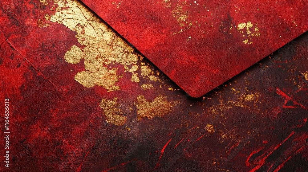 Poster red envelope art with vibrant red textures and gold foil-like abstract patterns for a luxurious look